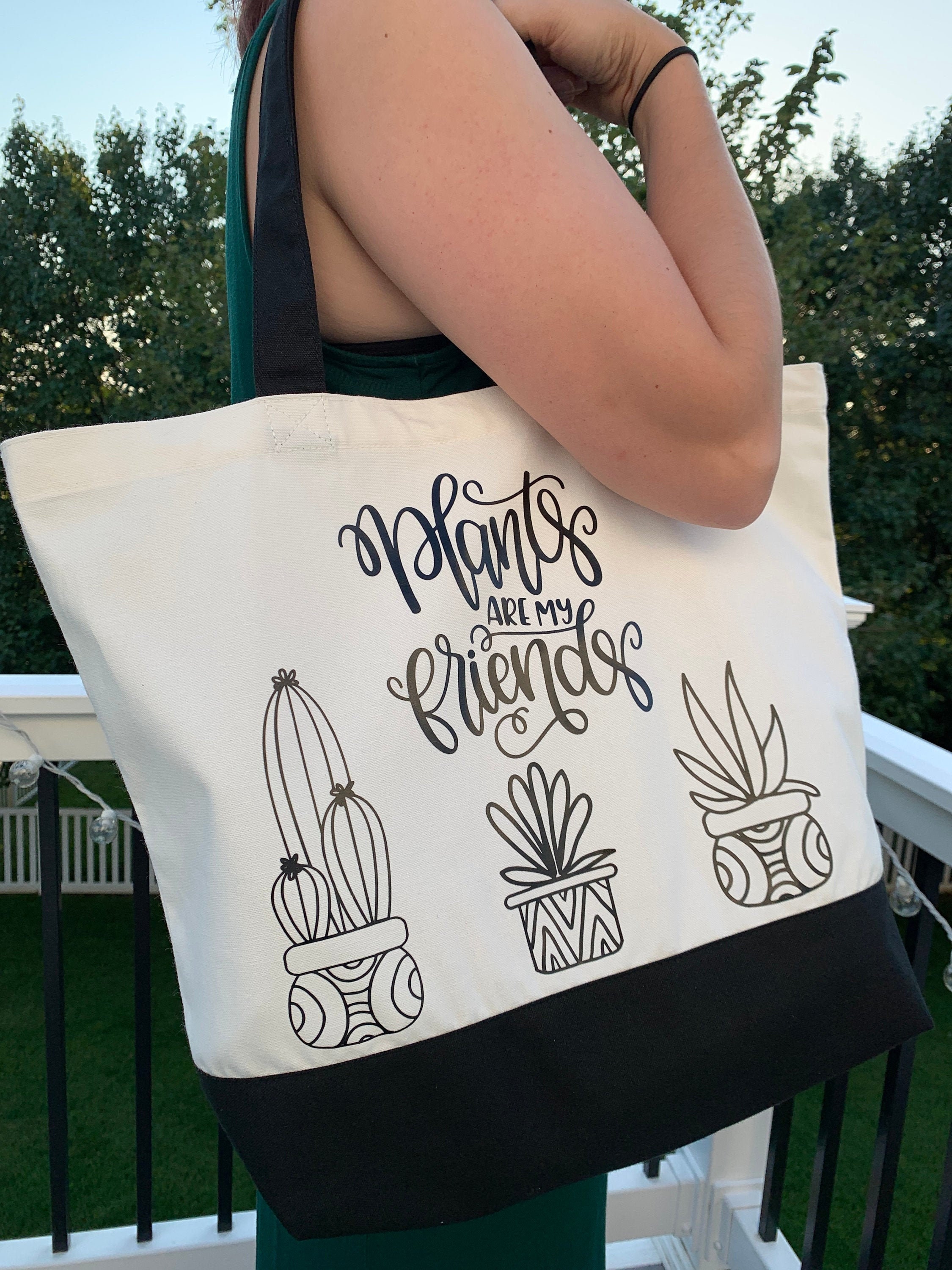 Plants Are Friends Tote Bag - Cute Cactus & Flowers Design, 100% Cotton Eco-Friendly Shopping Bag, Funny Gift Idea