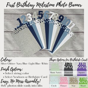 First Birthday Photo Banner, 12 Month Photo Banner, Glitter Monthly Photo Banner, Baby Milestone Birthday Banner, Glitter Silver Navy Blue