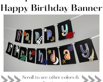 Outer Space Birthday Banner, Add a Name, Solar System Party, Astronaut Birthday, Rocketship Blast Off, TWO the Moon, Happy Birthday Banner