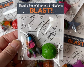 Outer Space Crayon Party Favor, Rocket Ship Coloring Sheet Thank You, Solar System Themed Party, Blast Off, Two the Moon, Astronaut Birthday