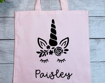 Unicorn Tote Bag, Add a Name, Flowers, Personalized Tote Bag for Kids, Customizable Library Bag for Kids, Valentine's Day Gift for Child