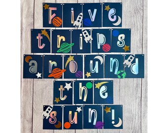 Outer Space Birthday Banner, Add a Name, Solar System Party, Astronaut Birthday, Rocketship Blast Off, TWO the Moon, Happy Birthday Banner