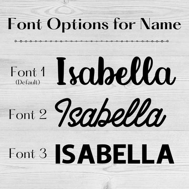 May include: Image displaying three font choices for the name "Isabella." The fonts are in black on a light wood grain backdrop. Font 1 is a bold script, Font 2 is a flowing script, and Font 3 is a bold sans-serif.