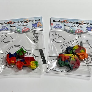 Car Truck Themed Crayon Party Favor, Vehicle Coloring Sheet Thank You, Construction Truck Themed Party, Automobile Birthday
