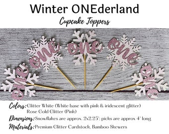 Winter ONEderland Cupcake Toppers, Snow Theme First Birthday Party Decorations, Pink and White Glitter Elegant Birthday, Baby's 1st Birthday