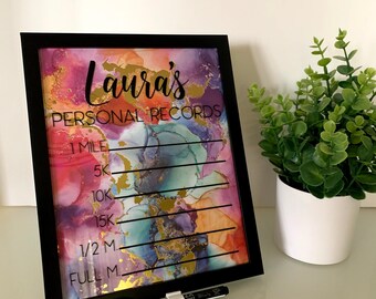 Customizable Dry Erase Personal Records Board, Runner or Cycler, Rainbow and Gold, Black Frame 8x10", Wall or Table w/ Dry Erase Marker