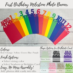 First Birthday Monthly Photo Banner, 12 Month Photo Banner, Rainbow Milestone Banner, First Birthday Decorations, Primary Color Birthday
