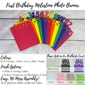 First Birthday Monthly Photo Banner, 4x4 12 Month Photo Banner, Rainbow Milestone Banner, First Birthday Decorations, Primary Color Birthday