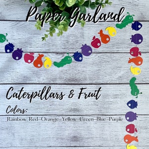 Caterpillar & Fruit Paper Garland, 10&#39; Strand Garland, Rainbow Party Decor, First Birthday Party Decorations, Nursery Decor, Playroom Decor