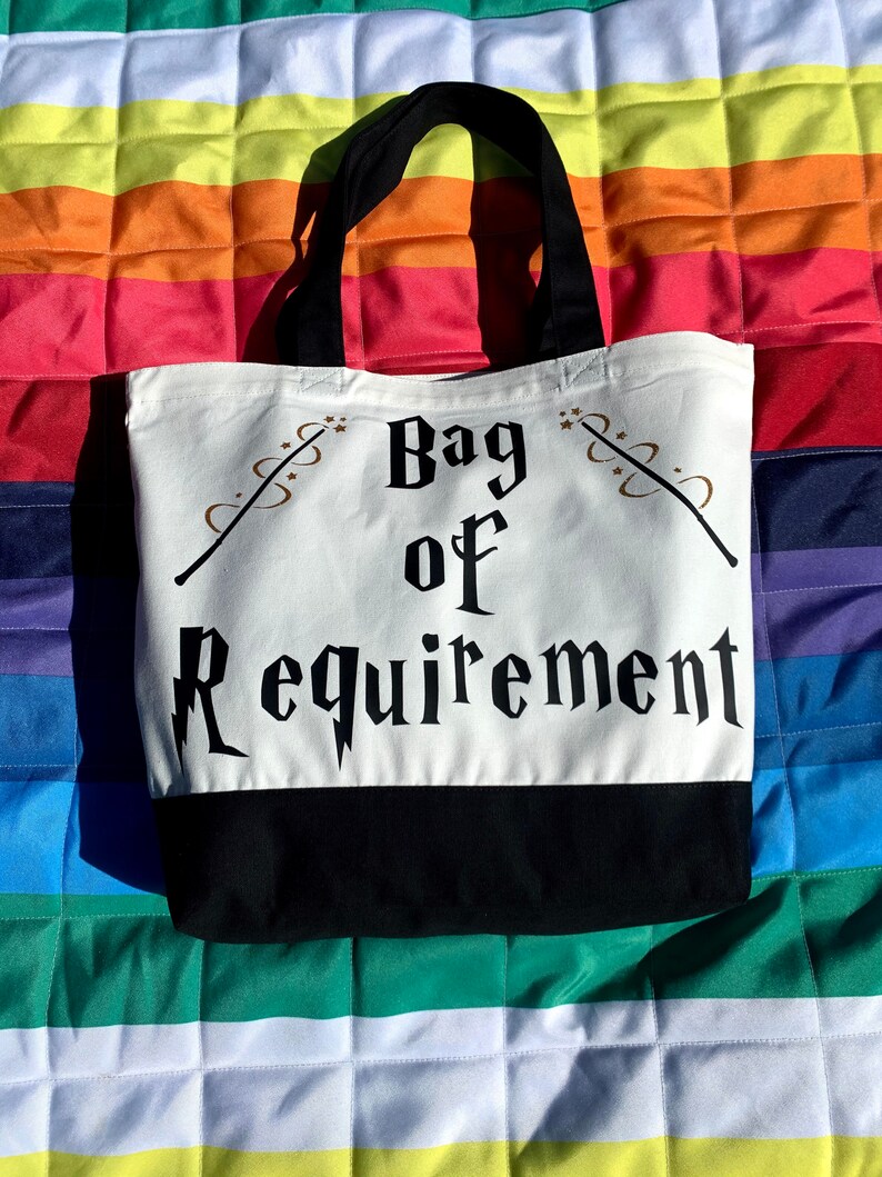 Bag of Requirement Oversized Tote Bag, Black & White X-Large Canvas Tote w/ Gold Glitter Magic Wand Accent, Wizard Bag, Gift for Book Love image 8