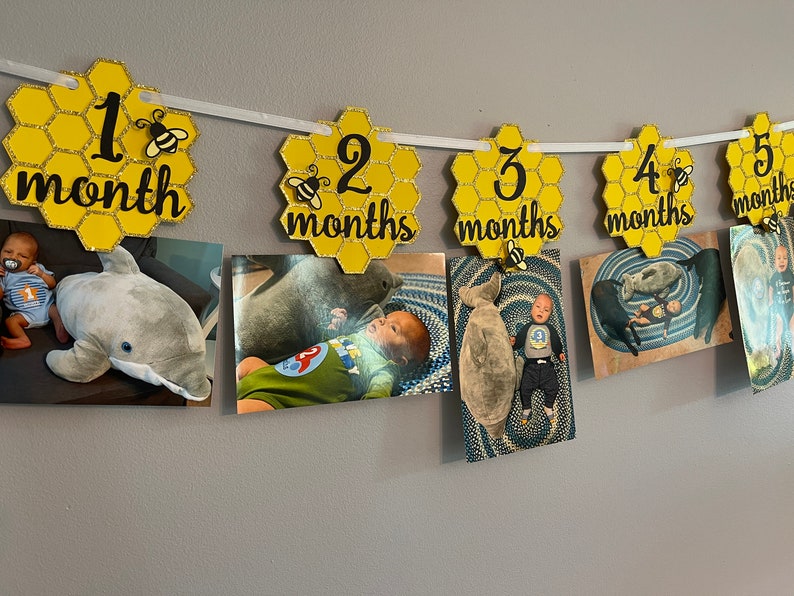 May include: A photo banner with honeycomb-shaped cutouts, each displaying a month from 1 to 5. Each cutout is yellow with a black outline and a small bee. Photos of a baby are clipped to the banner.