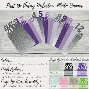 First Birthday Monthly Photo Banner, Newborn - 12 Months, 4x6" baby photo display, Purple Silver Glitter Birthday Banner, Baby Milestones