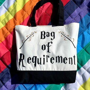 Bag of Requirement Oversized Tote Bag, Black & White X-Large Canvas Tote w/ Gold Glitter Magic Wand Accent, Wizard Bag, Gift for Book Love image 3