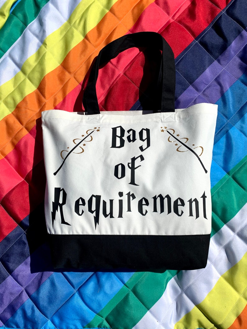 Bag of Requirement Oversized Tote Bag, Black & White X-Large Canvas Tote w/ Gold Glitter Magic Wand Accent, Wizard Bag, Gift for Book Love image 3