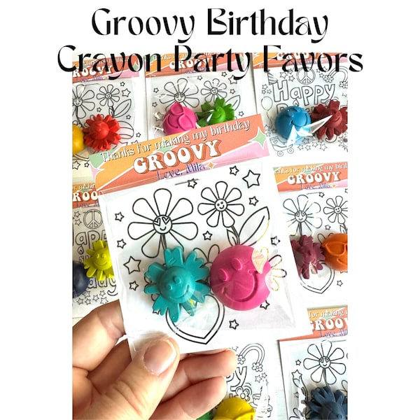 Groovy Birthday Crayon Party Favor, Kids B-Day Goody Bag Stuffer, 60s 70s Theme Party, Roller Skating Flowers and Sunshine, Retro Theme