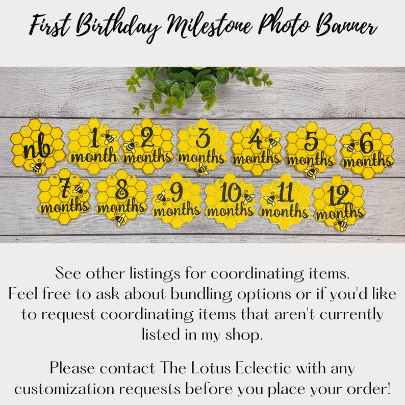 May include: A yellow honeycomb-shaped photo banner for a baby's first birthday. Each honeycomb displays a month from "nb" to "12 months" with a small bee graphic. The banner is designed to track a baby's milestones.