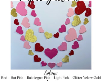 Valentine's Day Heart Paper Garland, Yellow Gold Glitter and Pink Birthday Party Decor, Coordinating Decorations, Valentine Decor