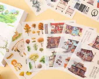 6 Sheets - Washi Stickers, Decorative Stickers, Crafting Supply - Ocean, Sakura, Blossom, Scenery, Tree, Unicorn