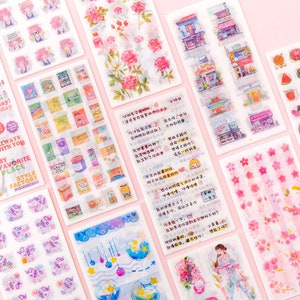 6 feuilles - Stickers Washi, Stickers décoratifs, Matériel pour travaux manuels - Sakura, licorne, tampons, météo, ruban, nuage