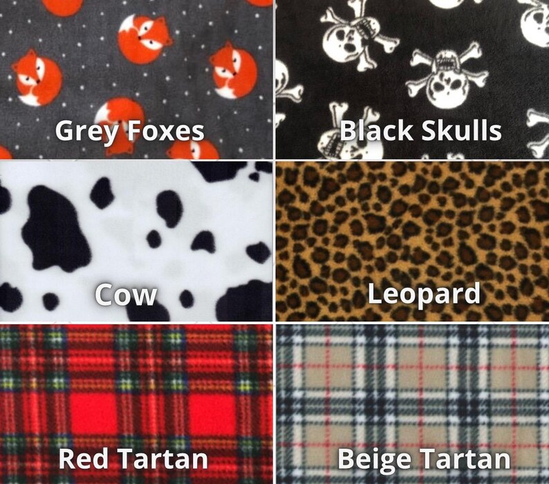 K&ouml;nnte beinhalten: Eine Collage aus sechs verschiedenen Stoffmustern, jedes mit einem einzigartigen Muster. Die Muster sind mit folgenden Namen beschriftet: Graue F&uuml;chse, Schwarze Sch&auml;del, Kuh, Leopard, Roter Tartan und Beiger Tartan.