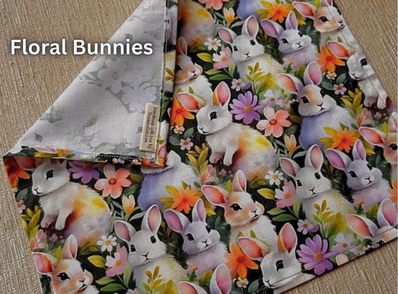 Handmade Bunny Handkerchief: Soft Cotton Rabbit Hanky, Bunny Lover Gift Floral Bunnies