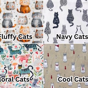 May include: Four fabric patterns featuring cat designs. The top left shows orange, brown, and gray cats with the text "Fluffy Cats." The top right has navy cat silhouettes with the text "Navy Cats." The bottom left has floral cat designs with the text "Floral Cats." The bottom right has cool cat designs with the text "Cool Cats."