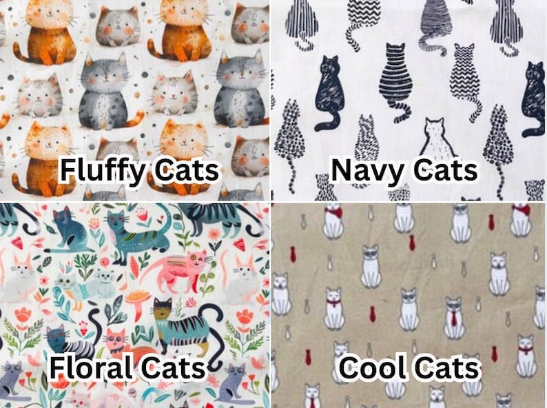 May include: Four fabric patterns featuring cat designs. The top left shows orange, brown, and gray cats with the text "Fluffy Cats." The top right has navy cat silhouettes with the text "Navy Cats." The bottom left has floral cat designs with the text "Floral Cats." The bottom right has cool cat designs with the text "Cool Cats."