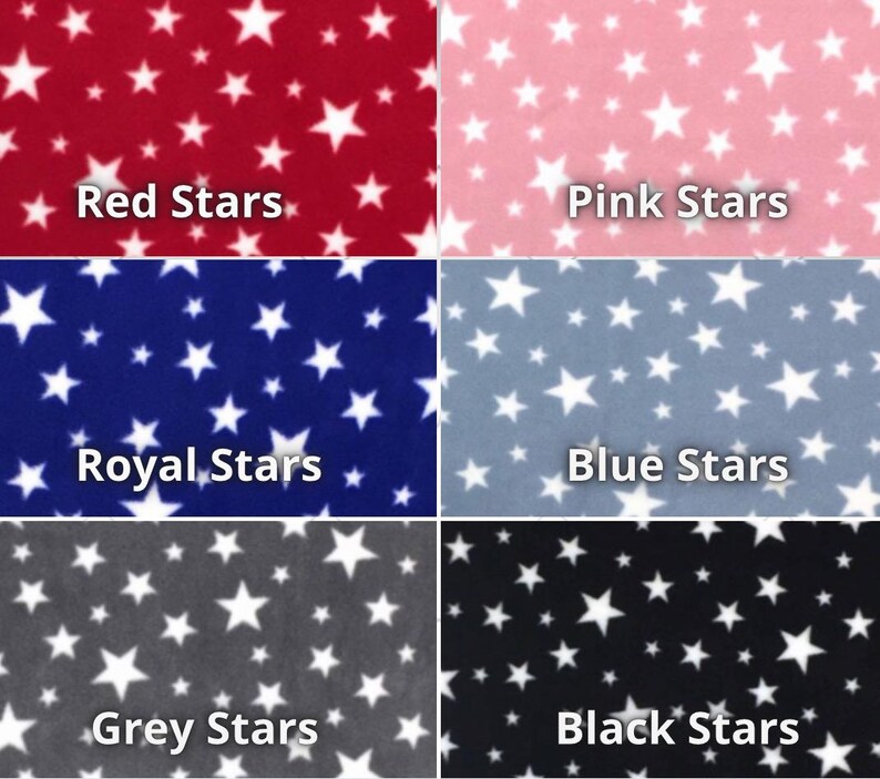 K&ouml;nnte beinhalten: Sechs Stoffmuster mit wei&szlig;en Sternen auf verschiedenen farbigen Hintergr&uuml;nden. Die Farben sind rot, rosa, blau, royalblau, grau und schwarz. Der Text "Red Stars", "Pink Stars", "Royal Stars", "Blue Stars", "Grey Stars" und "Black Stars" ist unter jedem Muster gedruckt.