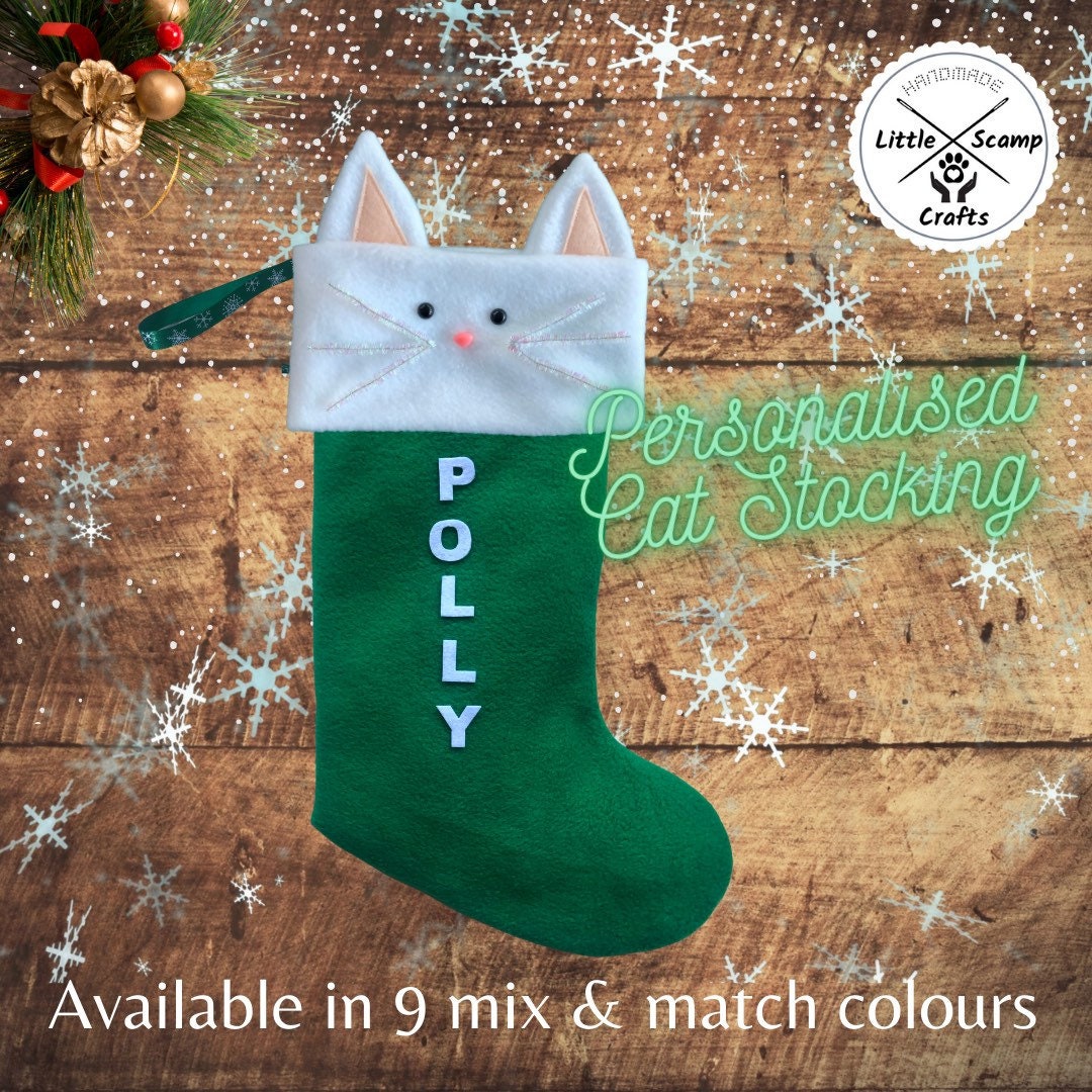 Personalised Cat Christmas Stocking in Green Personalized Cat Christmas