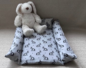 Grey Bunnies Snuggle Buffer Bed with removable padding | Cotton Bunny Rabbit Padded Pet Bed | Cotton Pet Bedding | Padded Bunny Bed