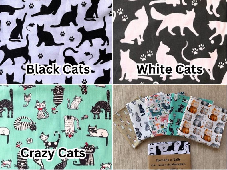 May include: A collection of cat-themed fabrics. One fabric features black cats on a white background, another has white cats on black. A third fabric displays whimsical cat illustrations on a teal background. Several folded fabrics with various cat patterns are also shown.