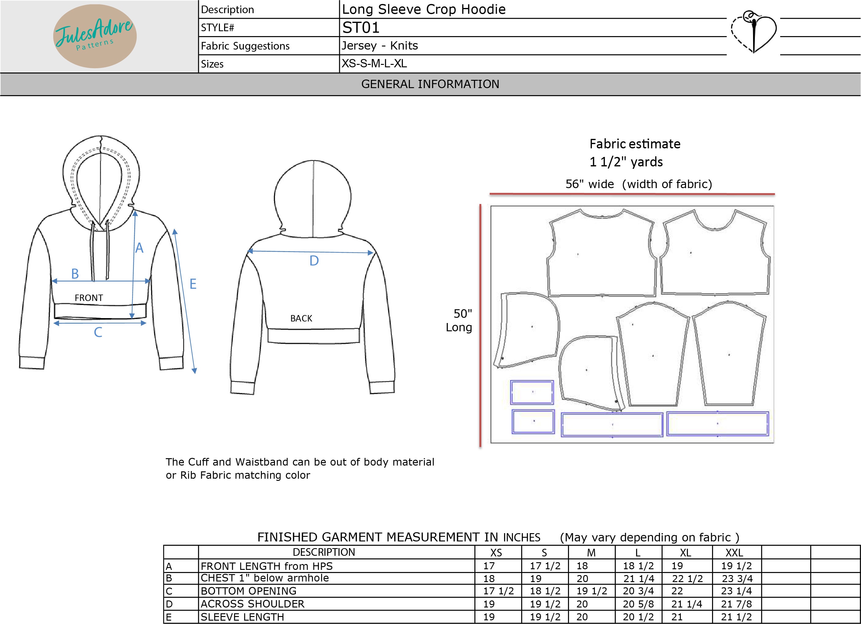 Sewing Pattern PDF Crop Hoodie with drop shoulder Long Etsy