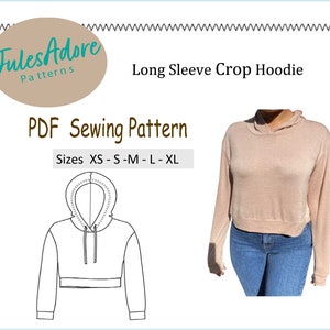Hoodie Sewing Pattern PDF - Crop top long sleeve with drop shoulder- women&#39;s sizes XS to XL -Print at home - instructions included
