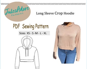 Top Hoodie Sewing Pattern-PDF - long sleeve with drop shoulder- waist length - women's sizes XS to XL -Print at home - instructions included