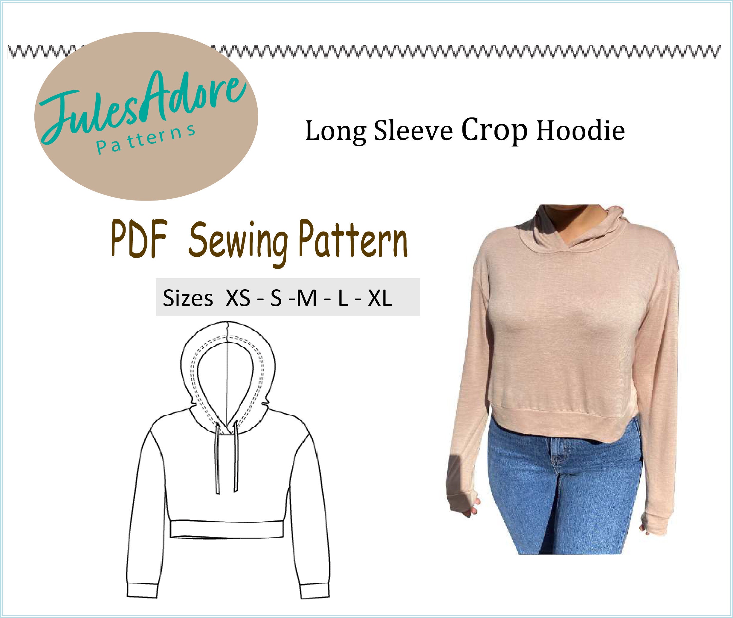 Sewing Pattern PDF Crop Hoodie with drop shoulder Long Etsy