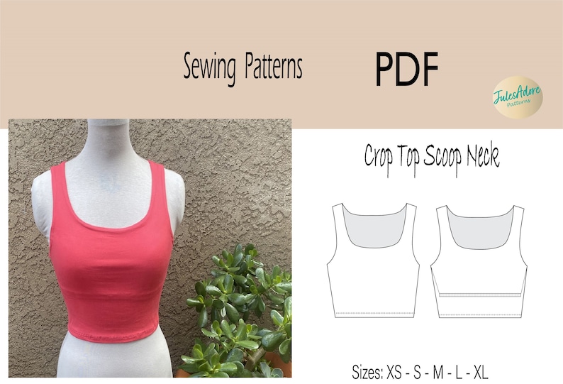 Wzór do szycia topu bez rękawów z okrągłym dekoltem - Wzór PDF na top typu crop-top - Rozmiary damskie od XS do XL / Wydrukuj w domu, dołączona instrukcja - wzór cyfrowy zdjęcie 1