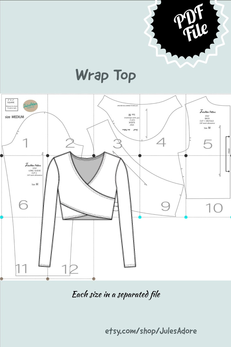 K&ouml;nnte beinhalten: Ein schwarz-wei&szlig;es Schnittmuster f&uuml;r ein Wickeltop mit langen &Auml;rmeln. Das Schnittmuster umfasst 12 Teile und ist mit "Wrap Top" beschriftet. Der Text "Jede Gr&ouml;&szlig;e in einer separaten Datei" und "etsy.com/shop/JulesAdore" ist ebenfalls enthalten.
