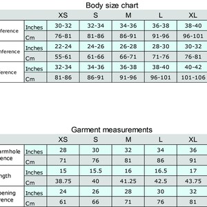K&ouml;nnte beinhalten: Eine Gr&ouml;&szlig;entabelle f&uuml;r Kleidung mit Ma&szlig;en in Zoll und Zentimetern. Die Tabelle zeigt die Ma&szlig;e f&uuml;r Brustumfang, Taillenumfang und H&uuml;ftumfang f&uuml;r die Gr&ouml;&szlig;en XS, S, M, L, XL und XXL. Sie zeigt auch die Kleidungsma&szlig;e f&uuml;r den 1"-Armloch-Umfang, die K&ouml;rperl&auml;nge und den Umfang der unteren &Ouml;ffnung.
