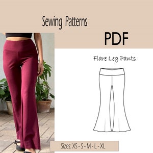 Flare Leg Pants Sewing Pattern PDF Sizes XS to XL Pants with waistband Comfortable Digital download image 1