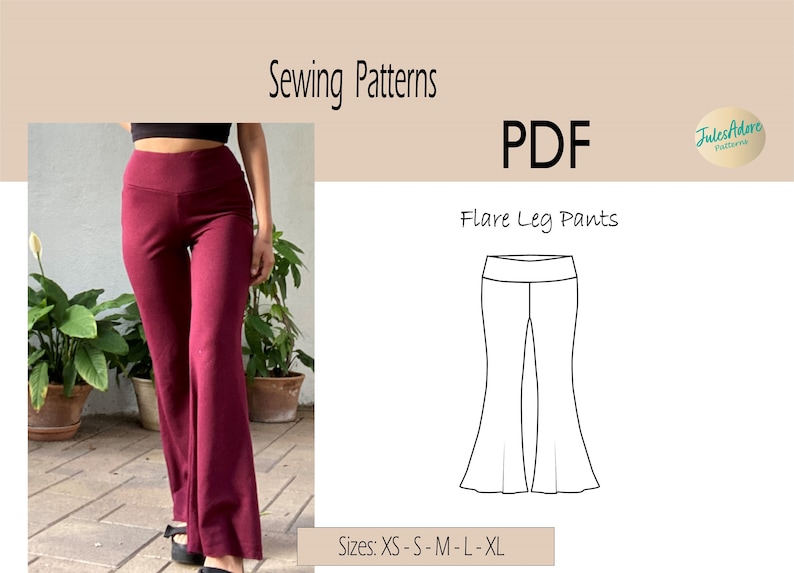 Flare Leg Pants Sewing Pattern PDF Sizes XS to XL Pants with waistband Comfortable Digital download image 1