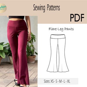 May include: A sewing pattern for flare leg trousers in PDF format. The pattern includes sizes XS, S, M, L, and XL. The image shows a line drawing of the trousers.