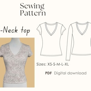 Puede incluir: Un patrón de costura para una blusa de cuello en V. El patrón incluye instrucciones para las versiones de manga corta y manga larga. Tallas: XS-S-M-L-XL. Descarga digital PDF.