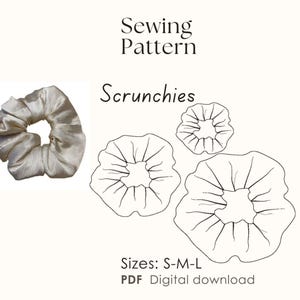 May include: A sewing pattern for scrunchies in three sizes: small, medium, and large. The pattern is a digital download in PDF format.