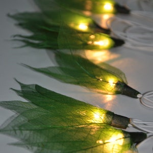 Puede incluir: Una cadena de luces con cubiertas de hojas verdes. Las luces están enhebradas en un cable blanco y están encendidas, proyectando un brillo cálido.