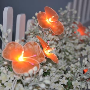 Op de afbeelding: Close-up van verlichte oranje bloemlichten met witte accenten, tegen een witte hek. De bloemen hebben een zachte, doorschijnende uitstraling, met een warme gloed die uit hun centra komt. Decoratief thema.