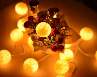 Puede incluir: Una cadena de luces LED blancas cálidas con cubiertas de bolas de algodón. Las luces están enhebradas alrededor de un ramo de rosas rojas y flores blancas.
