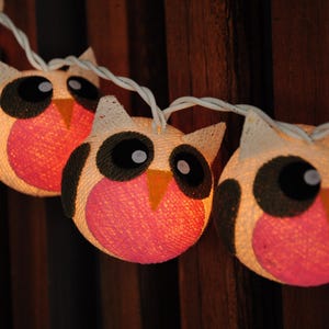May include: A string of white lights with pink and white owl-shaped fabric covers. The owls have black eyes and beaks.