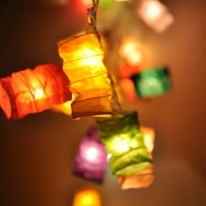 May include: A string of colourful paper lanterns with warm white lights inside. The lanterns are made of thin, crinkled paper and are strung together with clear wire. The lanterns are hanging from a ceiling or other overhead structure.