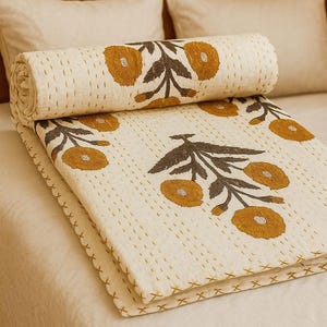Handmade Floral Kantha Quilt: Yellow Block Print Cotton Bedspread