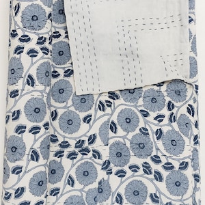 Handmade Floral Block Print Kantha Quilt: Lightweight Cotton Bedspread